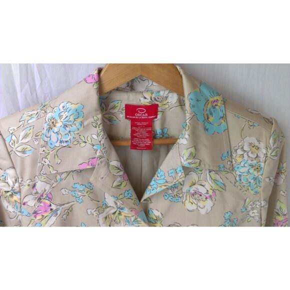 Oscar de la Renta Tan Watercolor Pink Blue Flowers Jacket Blazer sz 8 - Picture 2 of 7